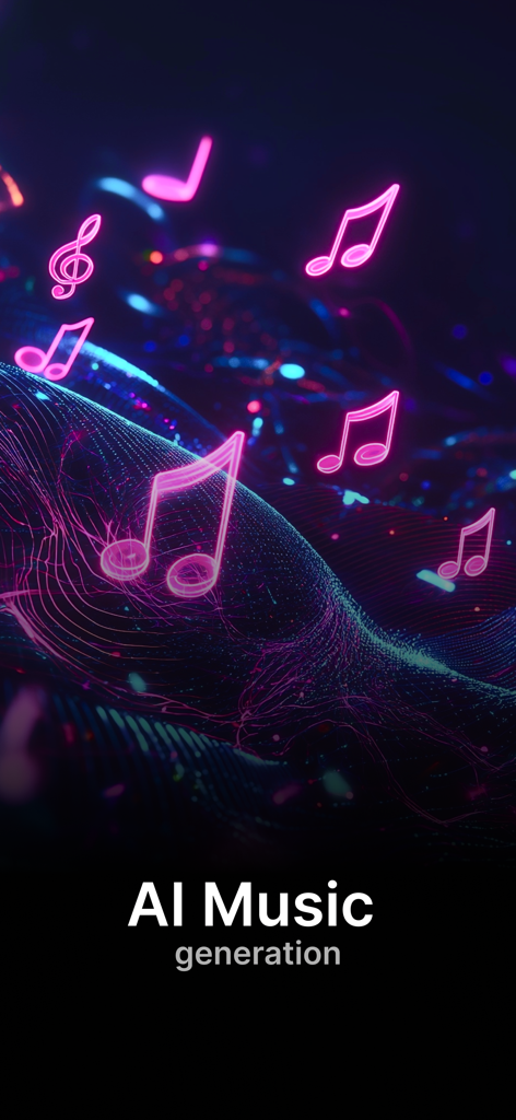 AI Song Generator: Make Cover - Neon pink music notes floating over a dark digital wave background for AI music generation