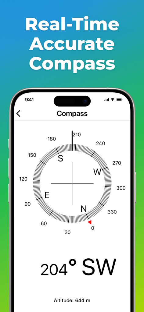 Digital compass interface in the Loc Saver app showing 204 degrees southwest and altitude