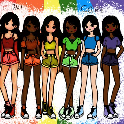 a group of girls wearing crop tops and shorts