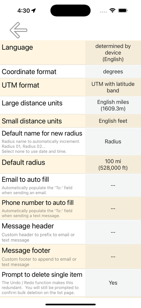 Tela de configurações do aplicativo Radius on Map mostrando formatos de coordenadas e opções de unidades de distância