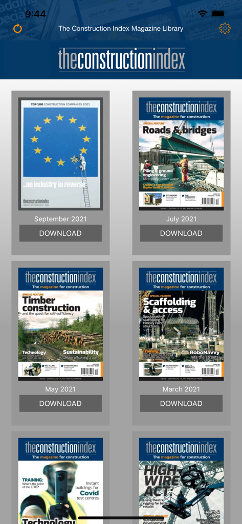 Digital library interface of the Construction Index Magazine showing various trade issues available for download