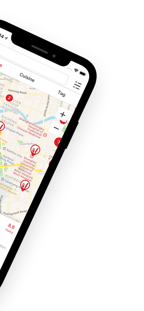DiningCity - Restaurant guide - DiningCity restaurant guide app map interface with pins for dining locations in Shanghai