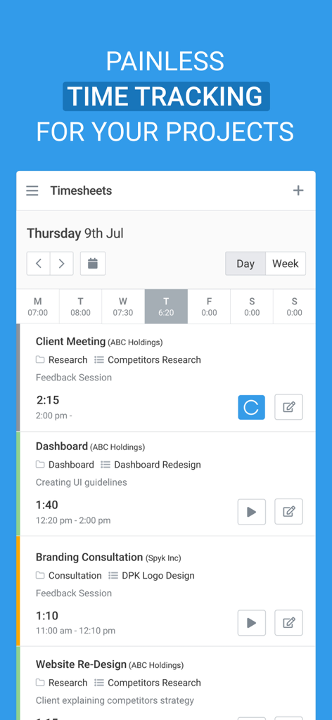 Avaza app interface showing project timesheets for painless time tracking.