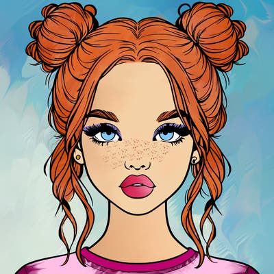 realistic girl with two buns in hair and lips