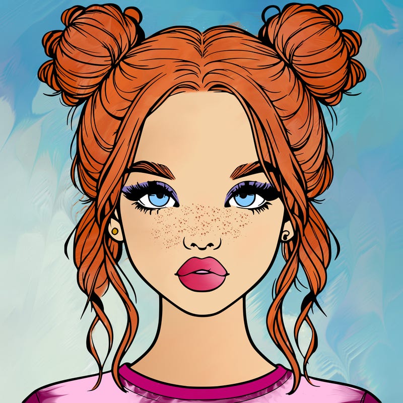 realistic girl with two buns in hair and lips