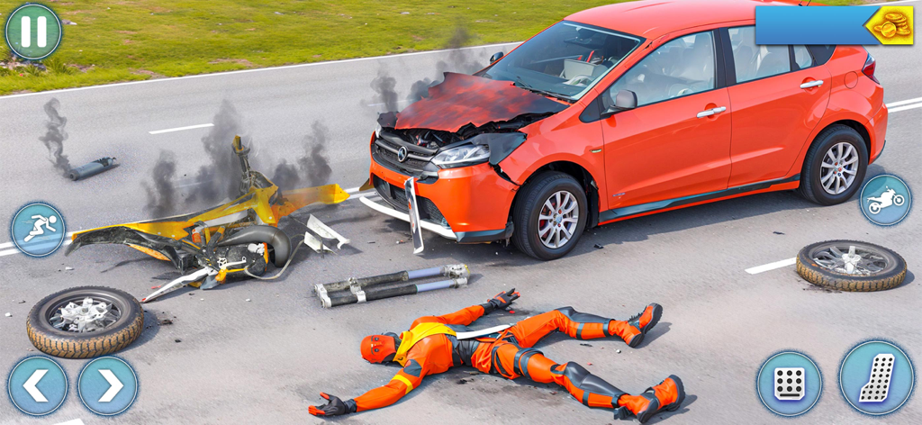 Moto Bike Ragdoll Fall Crash - 노란색 오토바이와 주황색 자동차의 고충격 충돌 후 도로에 누워 있는 주황색 정장 래그돌 라이더