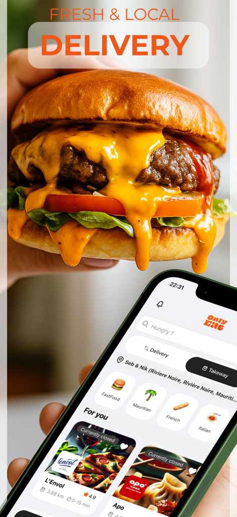 OnlyEat: Food Delivery - OnlyEat food delivery app interface on a smartphone next to a juicy cheeseburger