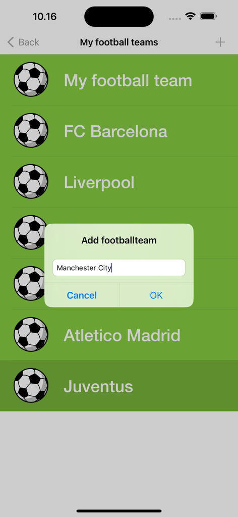 A list of soccer clubs in the My Football Teams app with a popup dialog to add Manchester City.