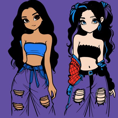 2 girls in crop tops and baggy jeans ripped