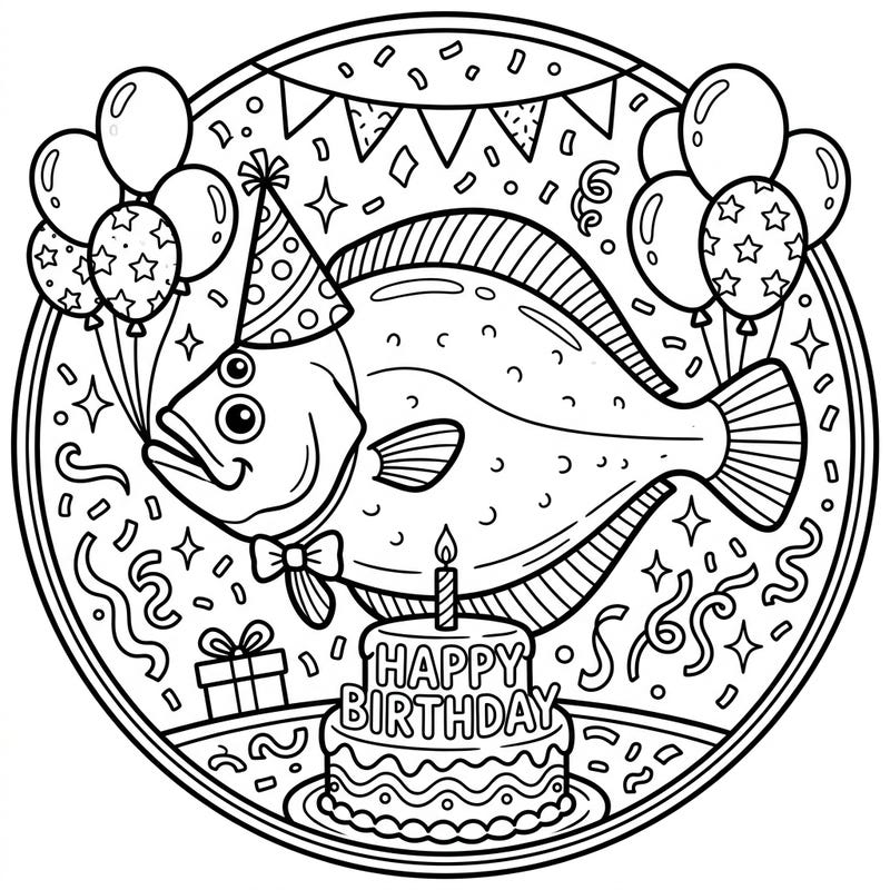 Get ready to celebrate with this unique flatfish birthday party coloring page designed for teens. This fun illustration features a party-ready flatfish amidst festive balloons, cake, and confetti, perfect for a joyful coloring session.