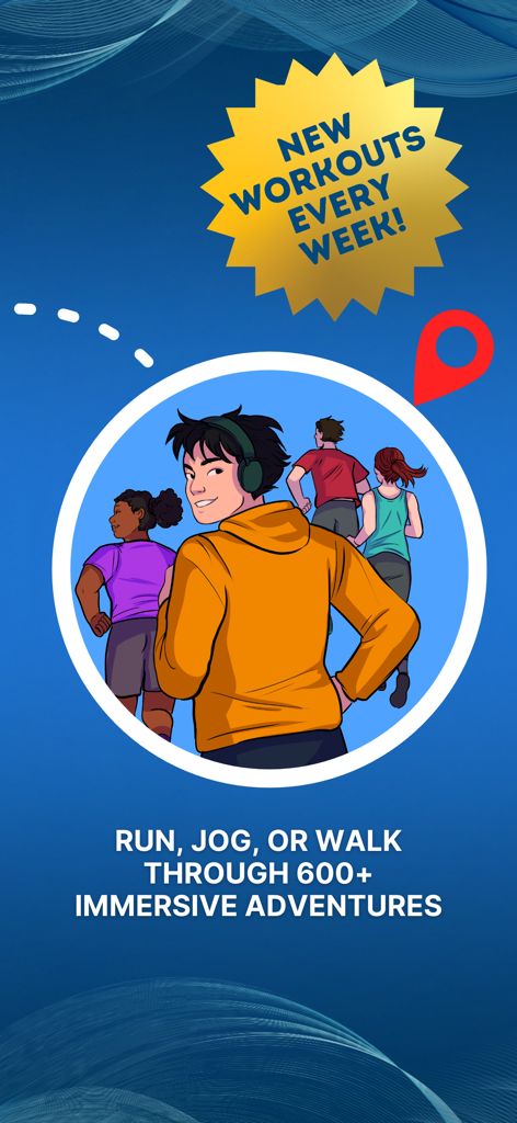 Gruppo eterogeneo di personaggi animati che corrono e camminano con cuffie attraverso avventure audio immersive.