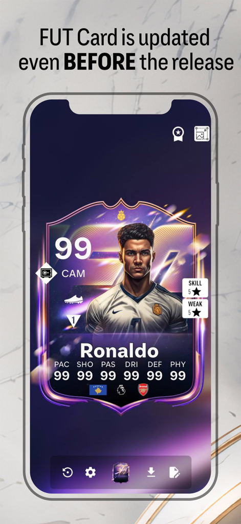 Una carta giocatore personalizzata di Ronaldo con valutazione 99 creata nell'app mobile Creatore di Carte FC 26