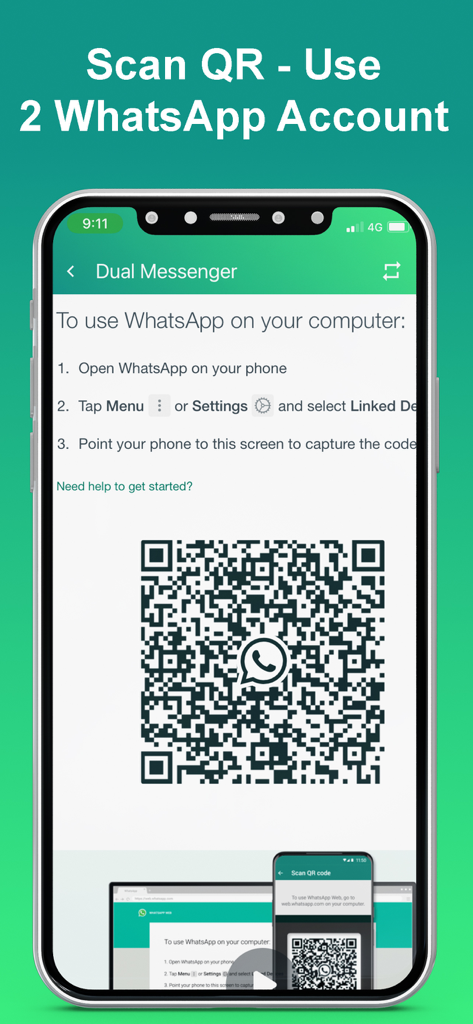 Web scan 2024 - Web scan 2024 app interface showing the Dual Messenger feature and a QR code to use two WhatsApp accounts.