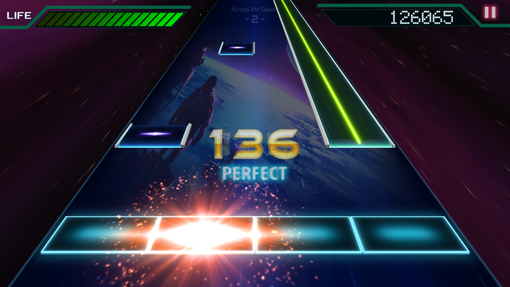 Infinity Beats Song Edition - 미래 우주 테마 리듬 트랙에서 완벽한 히트 콤보를 보여주는 인피니티 비트 송 에디션의 게임 플레이.