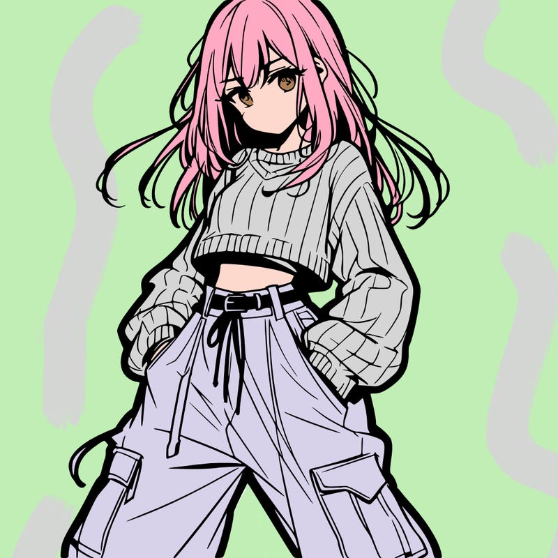 anime teen girl with baggy pants and crop top with sweater