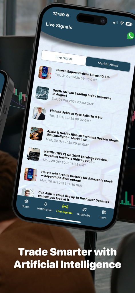 Forex AI Robot - Interfaz de la aplicación Forex AI Robot que muestra una lista de noticias en vivo del mercado global.