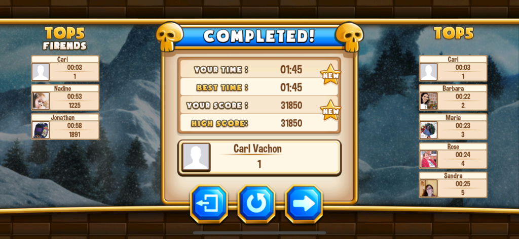 Jewel World PRO Skull Edition - Pantalla de nivel completado de Jewel World PRO mostrando puntuación y tablas de clasificación de amigos