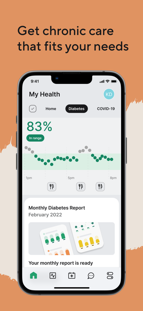 A smartphone screen showing the Carby Health app diabetes management dashboard with glucose level tracking and health reports