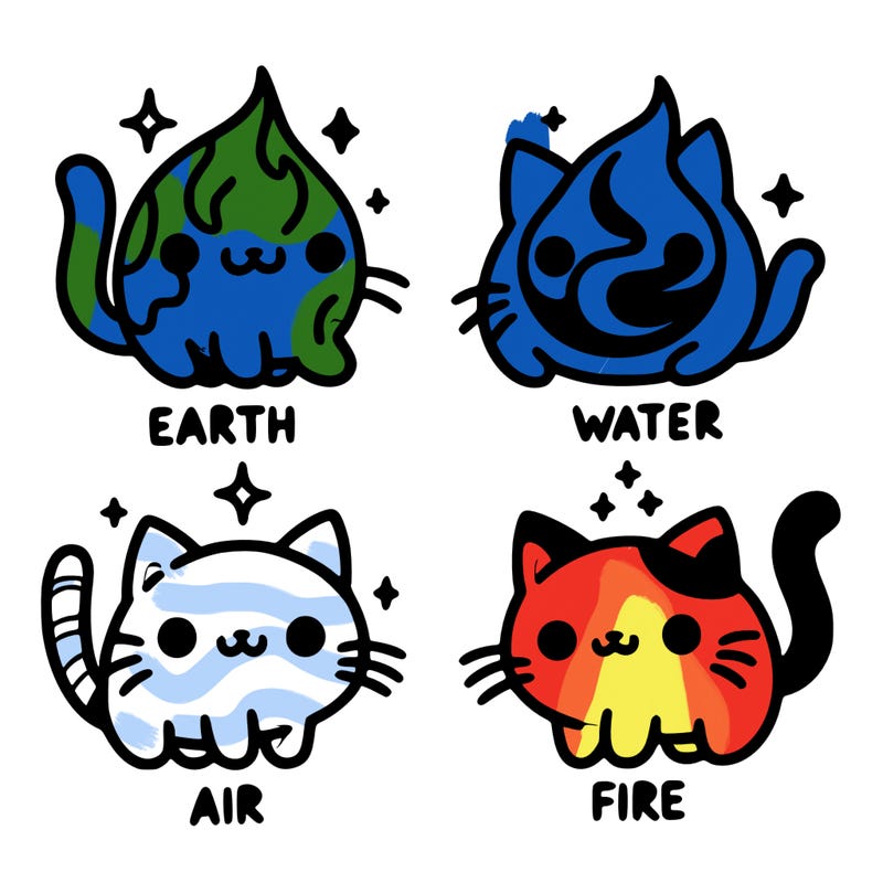 4 cats that represent the different elements, earth, water, air, and fire