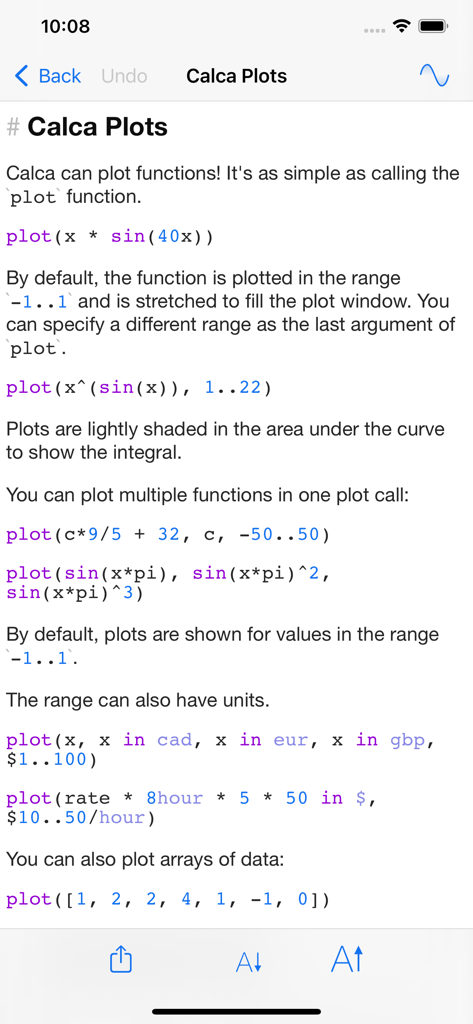 Calca - Interface of Calca app showing mathematical function plotting and data visualization using markdown commands