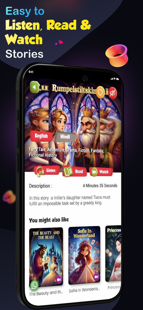 Bedtime Stories for Kids Kiddo - Interfaz de la aplicación Kiddo mostrando la página del cuento Rumpelstiltskin con opciones para escuchar, leer o ver en inglés y hindi