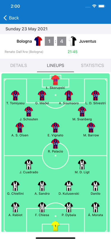 Live Scores for Serie A App - セリエAアプリでのボローニャ対ユベントスのサッカーの試合の戦術的ラインナップビュー