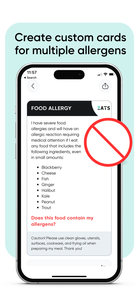 Equal Eats - Mobile screen showing a personalized food allergy card listing multiple allergens for safe dining