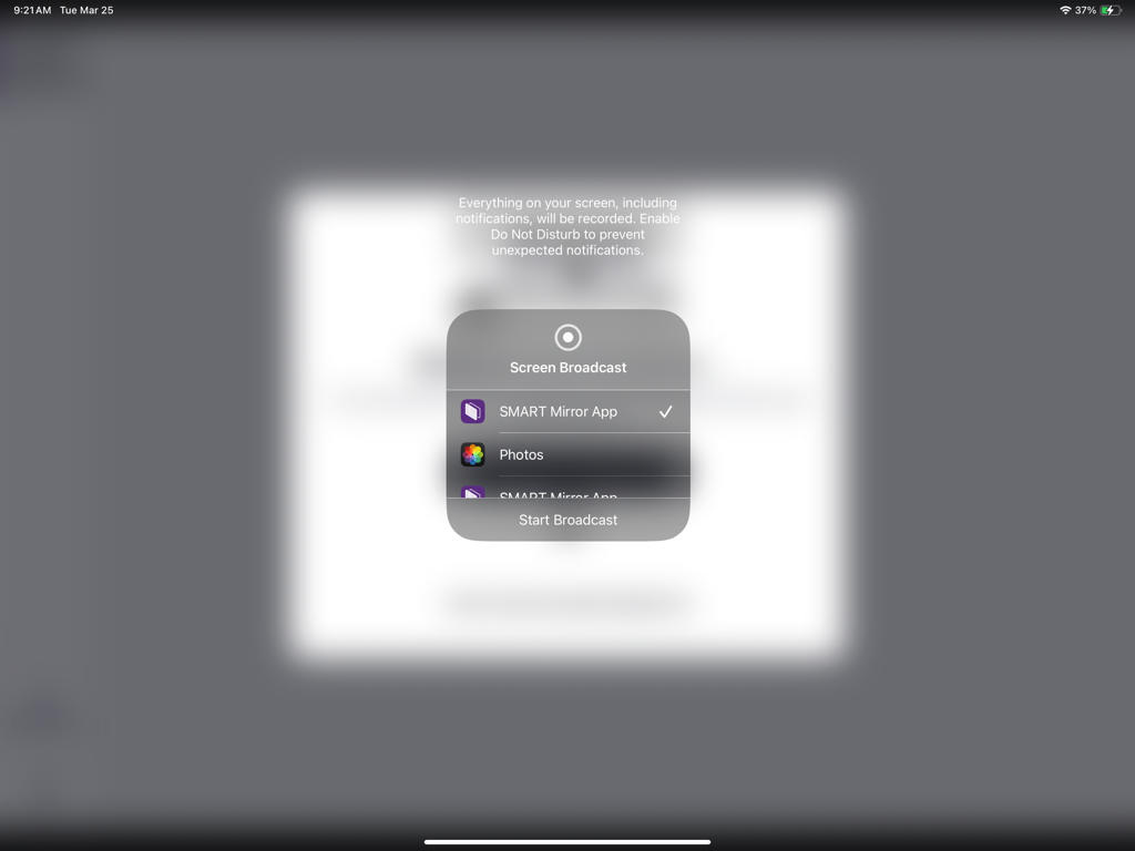 iPad screen broadcast menu with SMART Mirror app selected
