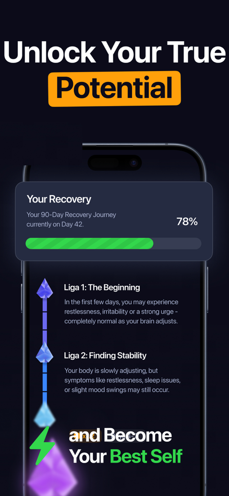 Recovery progress screen in CURE app showing milestones and a 90 day journey tracker