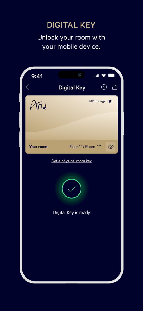 Interface do aplicativo móvel MGM Rewards mostrando uma chave digital de quarto para o resort Aria em uma tela de smartphone