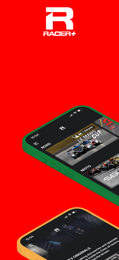RACER+ - RACER plus mobile app interface showing motorsports racing categories and original series content