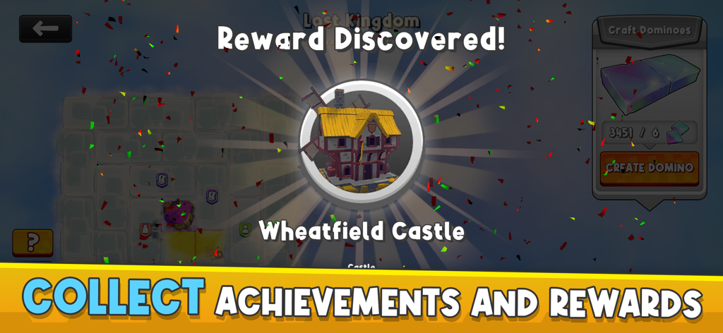 Kingdomino board game reward screen showing the unlocked Wheatfield Castle and achievement message.