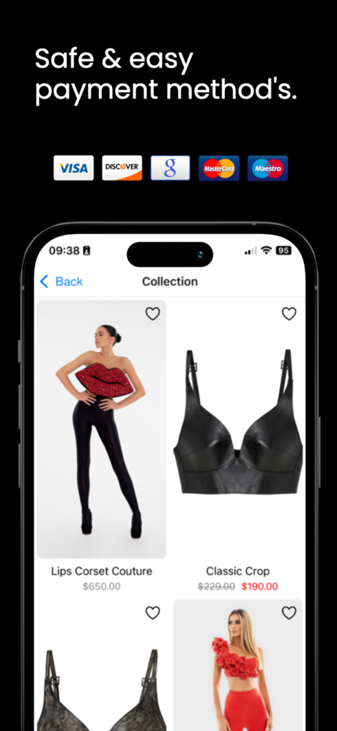 Albina Dyla - Interfaz de la aplicación de moda de lujo Albina Dyla que muestra prendas de alta costura y opciones de pago seguras, incluidas Visa y Mastercard