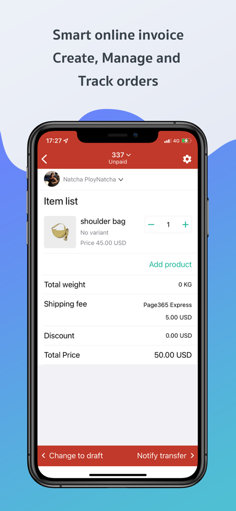 A mobile screen showing the Page365 app interface for creating and managing smart online invoices with an item list and total price
