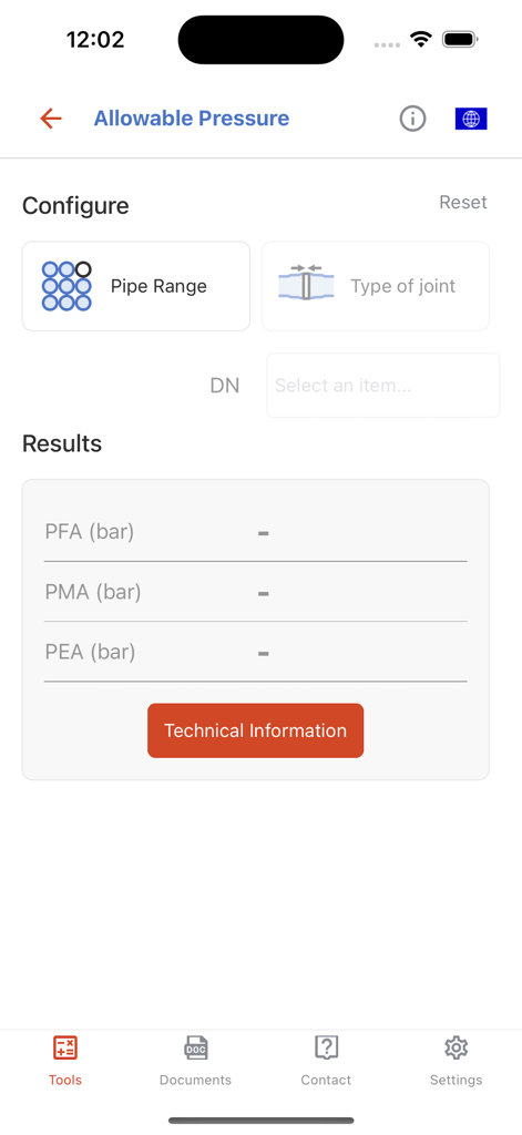 PAM tools - PAM tools mobile app interface showing the allowable pressure calculation screen for ductile iron pipe networks