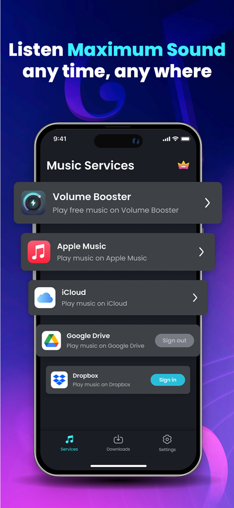 Oberfläche der Volume Booster App, die integrierte Musikdienste einschließlich Apple Music und Cloud-Speicher zeigt