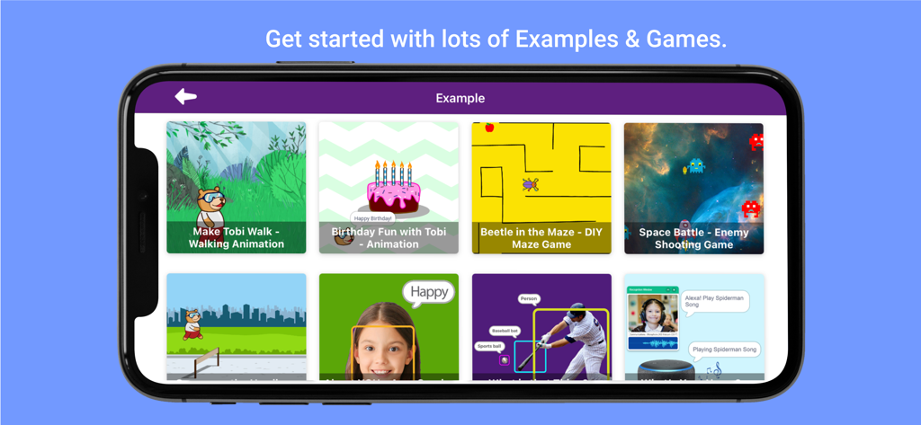 Un menú que muestra varios proyectos de programación y juegos educativos para niños en la aplicación PictoBlox.