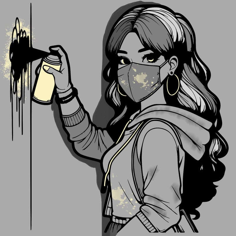 realistic girl with mask spray painting a wall