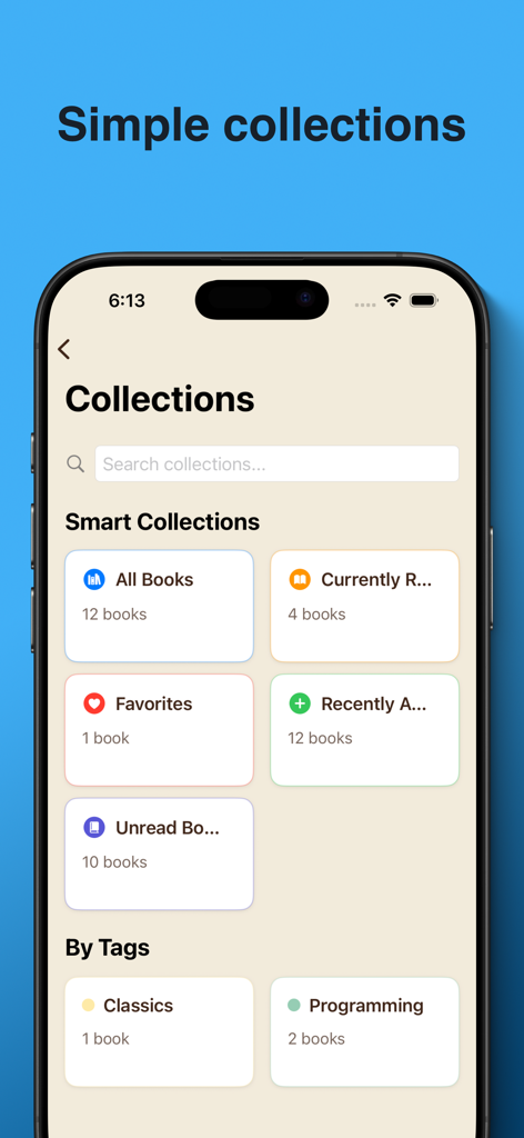 Tome Town: PDF & EPUB Reader - Screenshot of Tome Town app showing the Collections interface with smart folders like Favorites and Recently Added and tagged categories like Classics and Programming.
