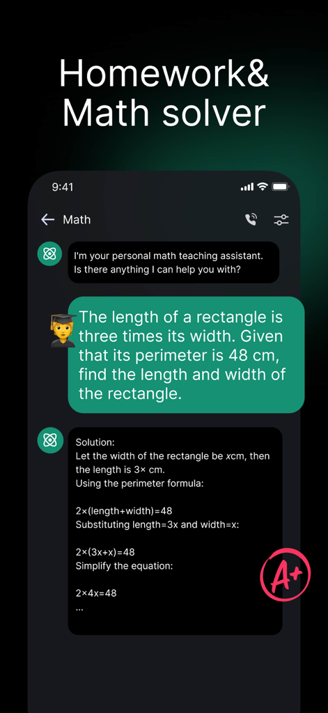 ChatGOAT AI -ChatBot Assistant - Interfaz de la aplicación móvil ChatGOAT AI que muestra una solución paso a paso a un problema de palabras de matemáticas de geometría.