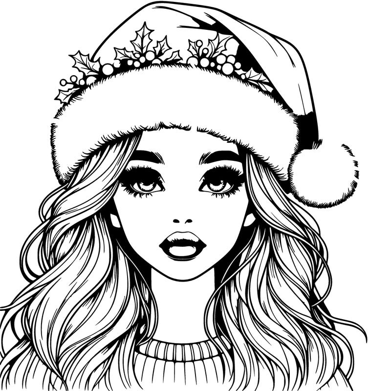 realistic girl with big eyes and lips with santa hat