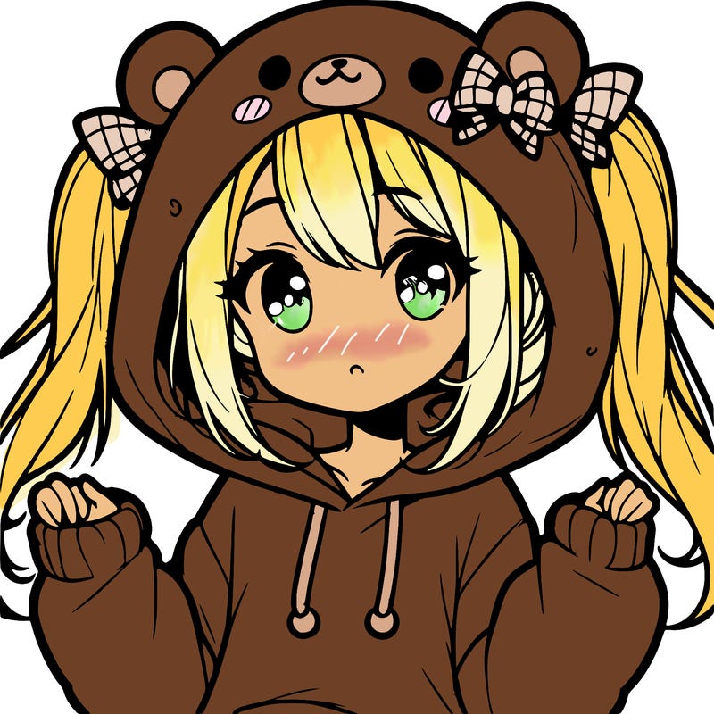 cute anime girl with ponytails and a cute bear hoodie