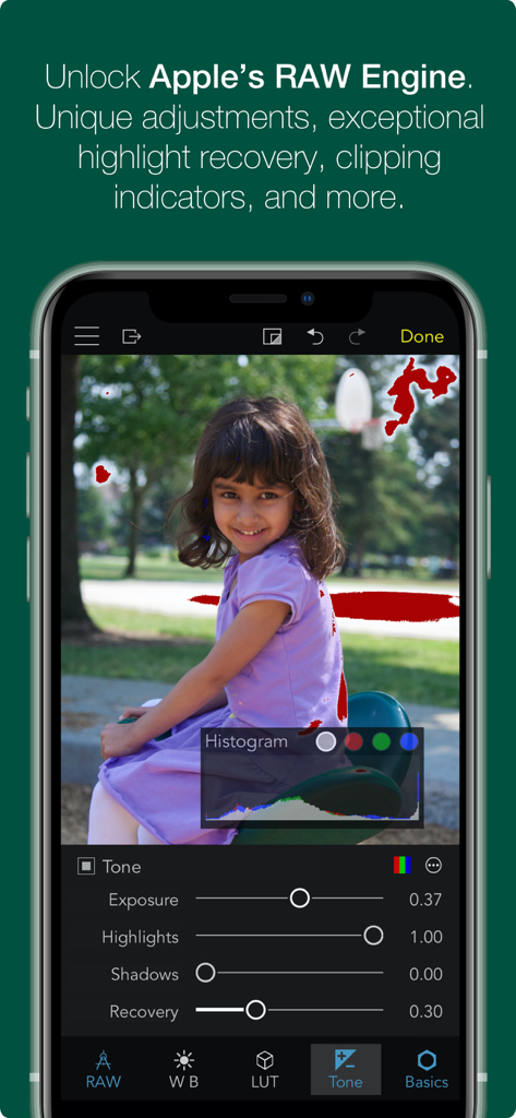 RAW Power - RAW Power mobile app screenshot showing advanced RAW editing tools like histogram and clipping indicators on an iPhone.