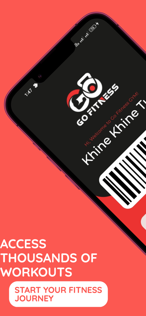 Go Fitness Gym - Welcome screen of the Go Fitness Gym app displaying a user barcode and a button to start a fitness journey.