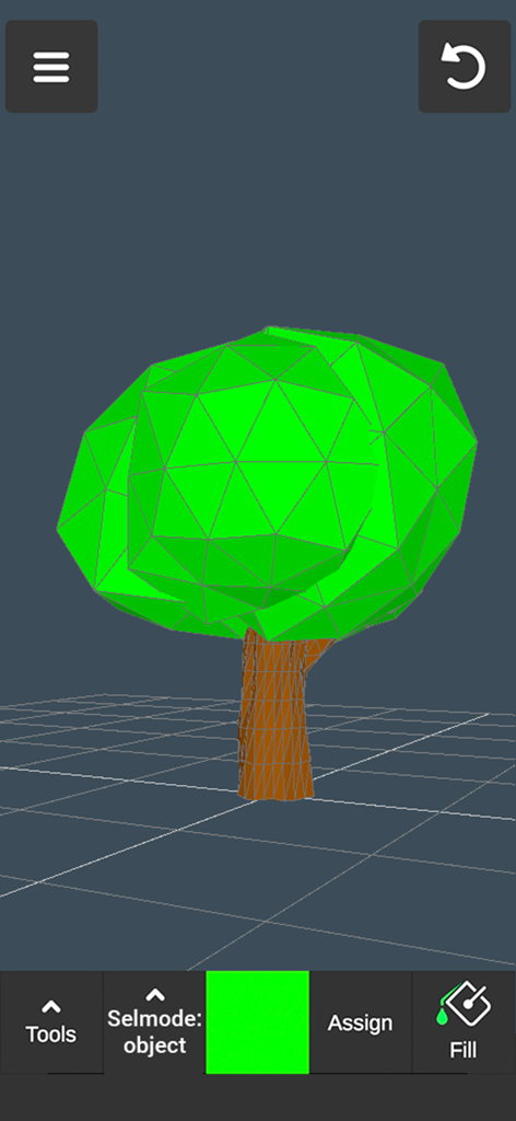 3D modeling: Design my model - Interface of 3D modeling app with a low poly green tree design on a grid