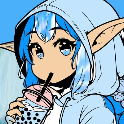 an girl with elf ears in a hoodie drinking boba