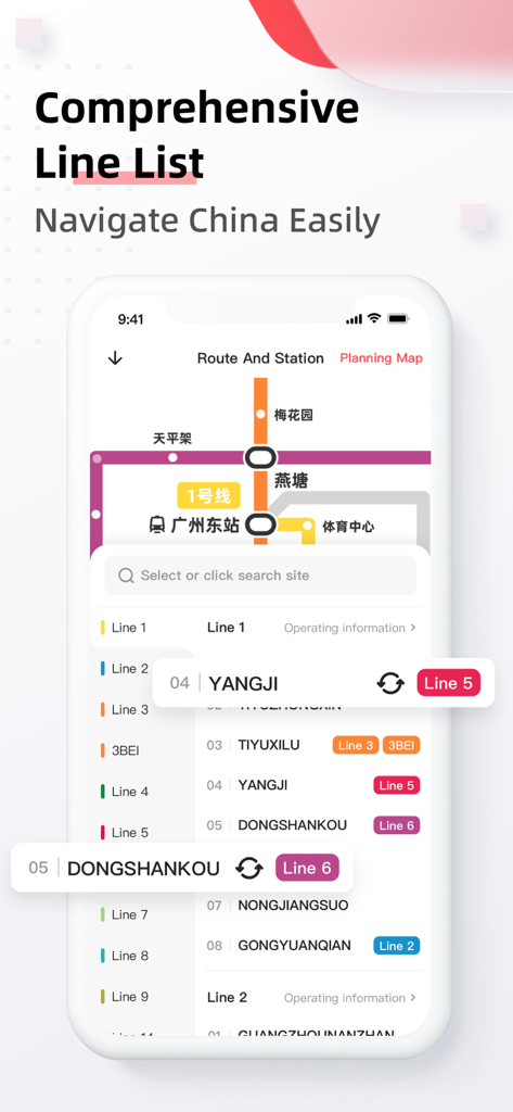 Interfaz de la aplicación 86Metro que muestra una lista completa de líneas de metro y rutas de estaciones para navegar por China.
