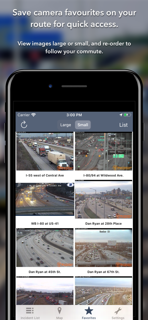 A mobile screen showing a grid of favorite traffic camera feeds from the Illinois Department of Transportation.