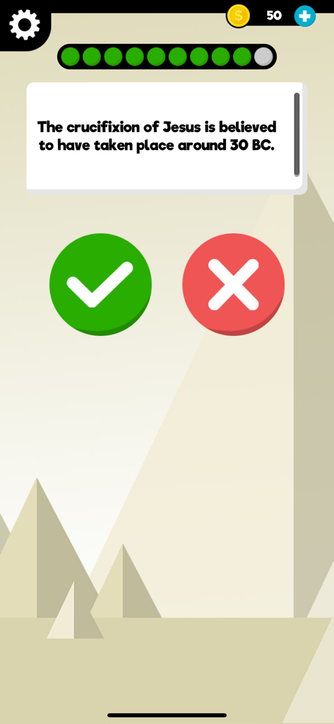 History: Quiz Game & Trivia - Una pregunta de historia de verdadero o falso sobre la crucifixión de Jesús en una pantalla de juego de trivia móvil.