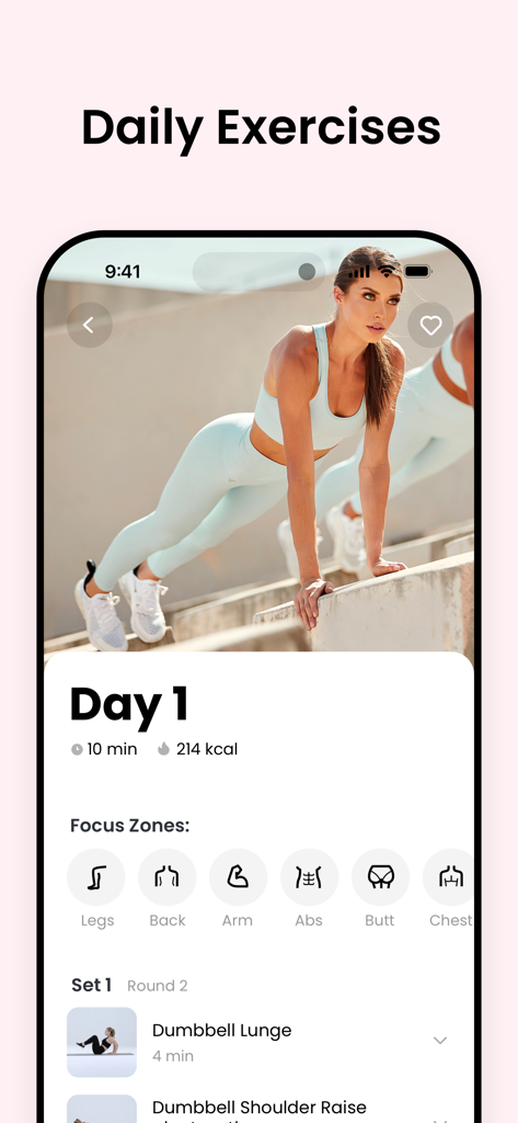 Screenshot of the JustFit app showing Day 1 of a daily exercise routine with time, calorie estimates, and muscle focus zones.